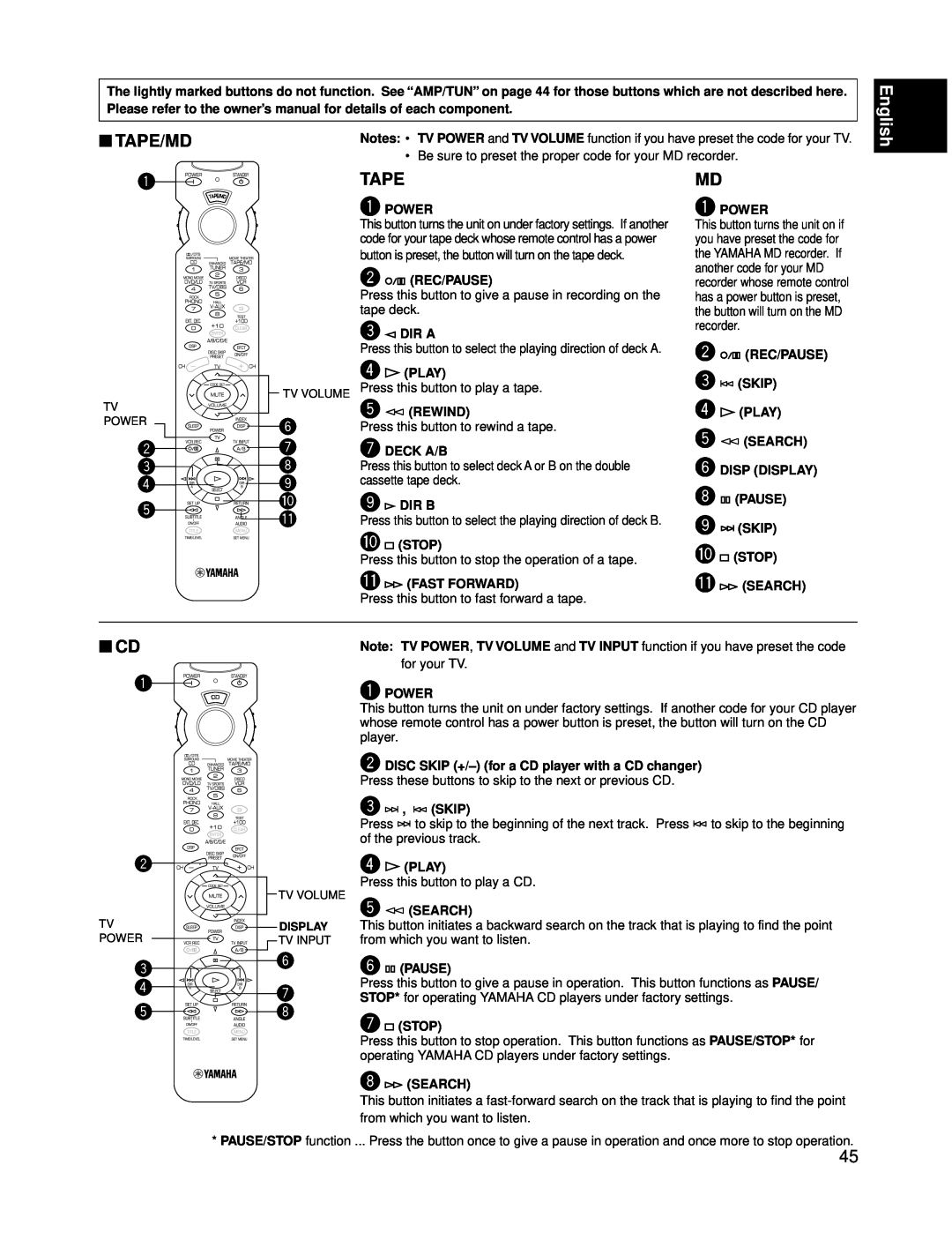 Yamaha RX-V595A owner manual Tape/Md, English 