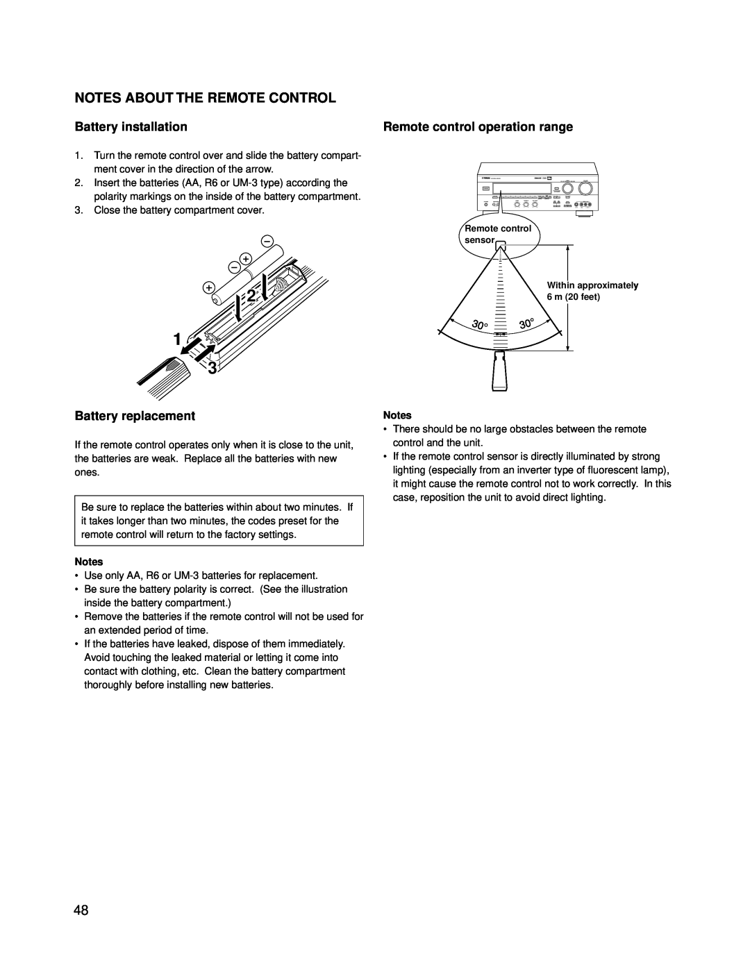 Yamaha RX-V595A Notes About The Remote Control, Battery installation, Battery replacement, Remote control operation range 