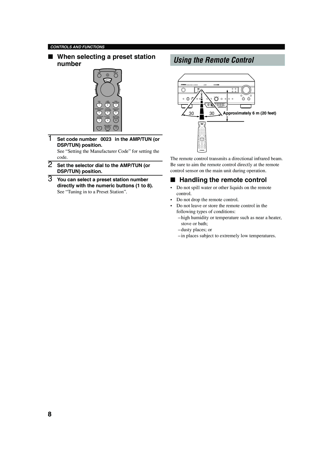 Yamaha RX-V620RDS Using the Remote Control, When selecting a preset station number, Handling the remote control 