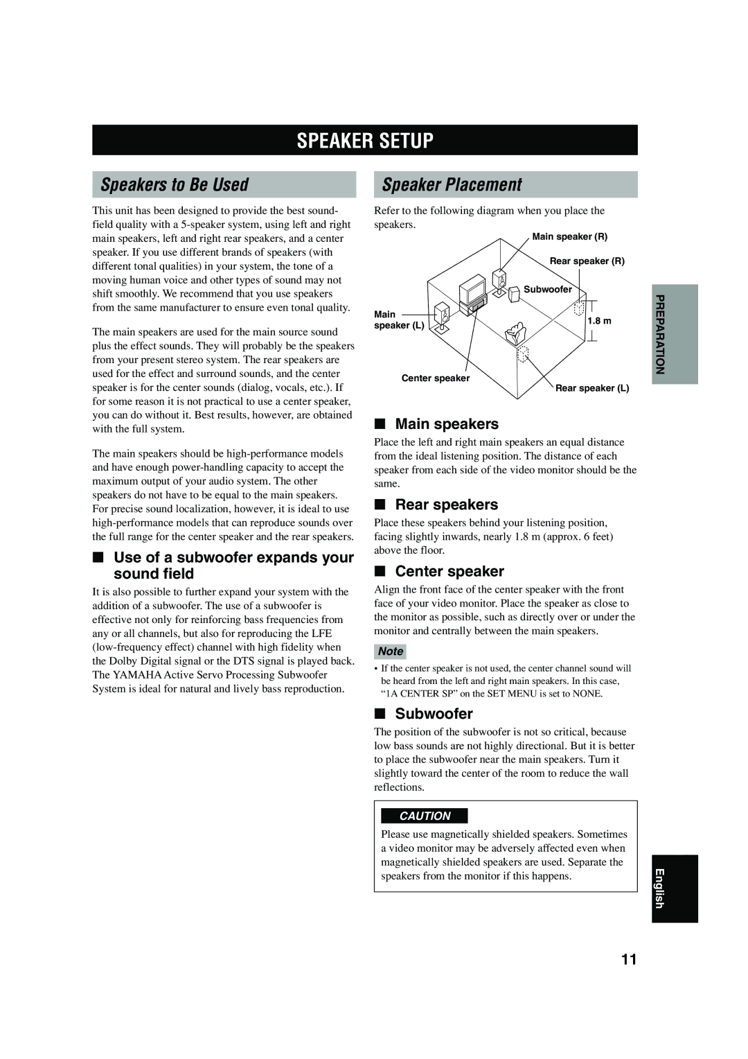 Yamaha RX-V620RDS owner manual Speaker Setup, Speakers to Be Used, Speaker Placement 