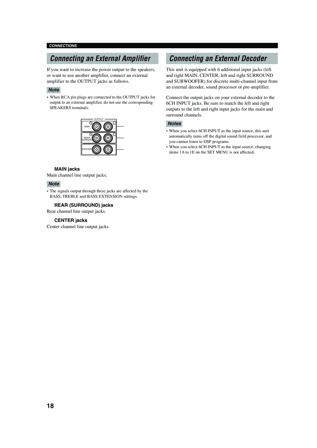 Yamaha RX-V620RDS owner manual Connecting an External Decoder, Main jacks, Rear Surround jacks, Center jacks 