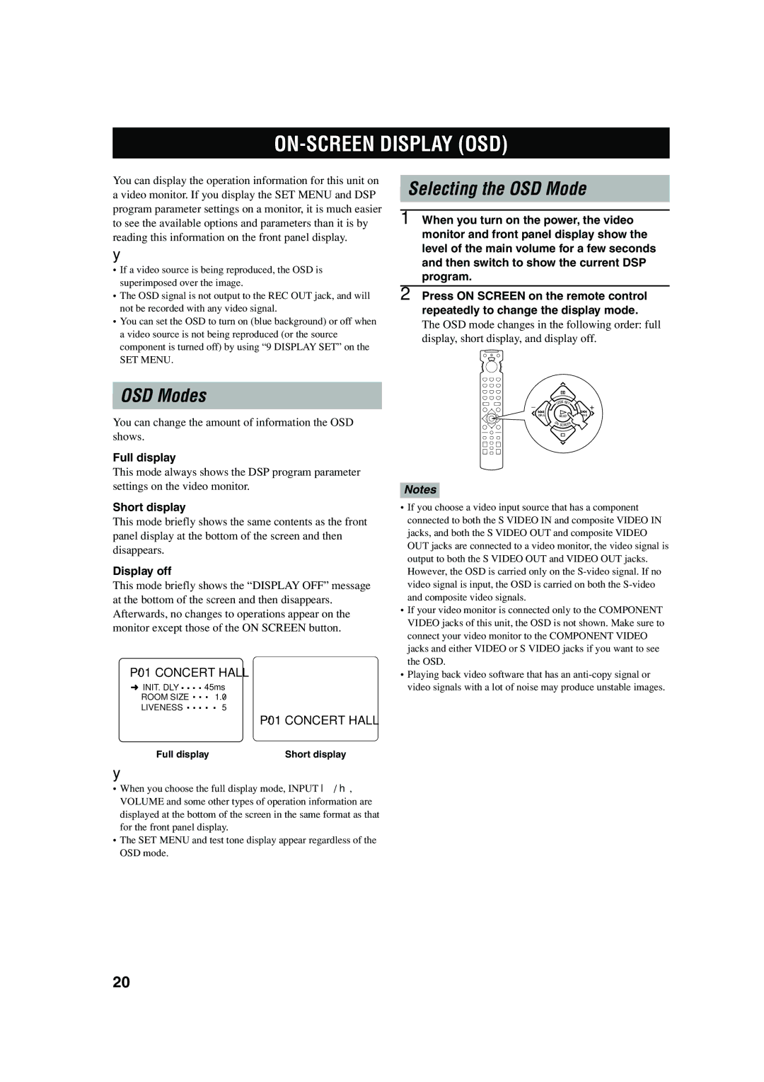 Yamaha RX-V620RDS owner manual ON-SCREEN Display OSD, OSD Modes, Selecting the OSD Mode 