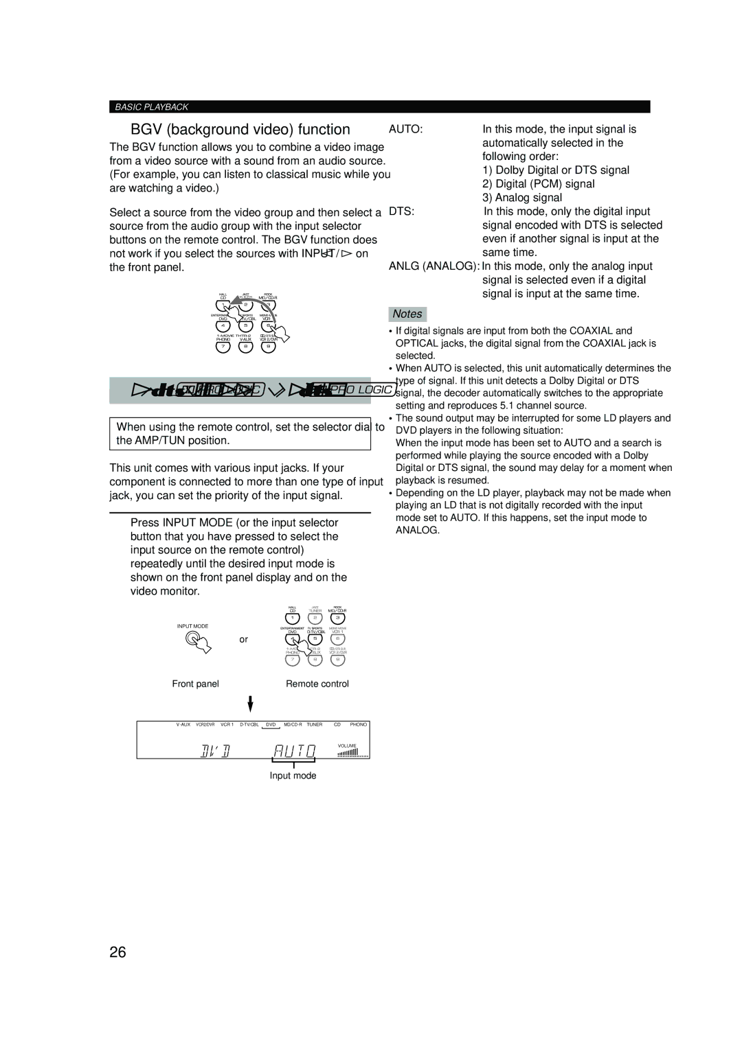 Yamaha RX-V620RDS owner manual Input Modes and Indications, BGV background video function 