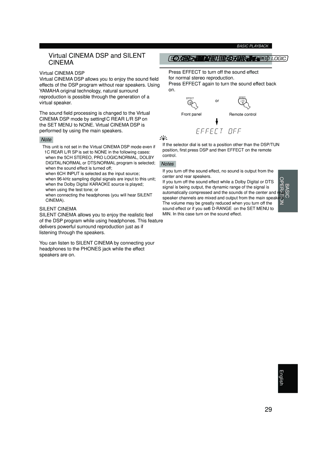 Yamaha RX-V620RDS owner manual Normal Stereo Reproduction, Virtual Cinema DSP and Silent Cinema 