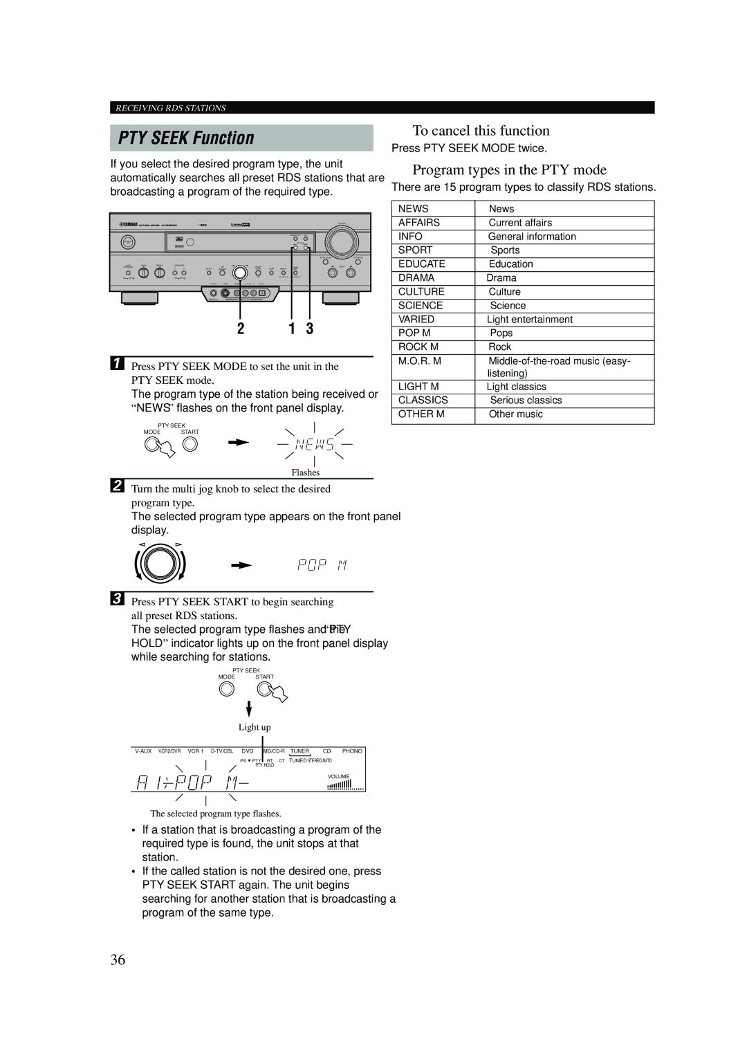 Yamaha RX-V620RDS owner manual PTY Seek Function, To cancel this function, Program types in the PTY mode 