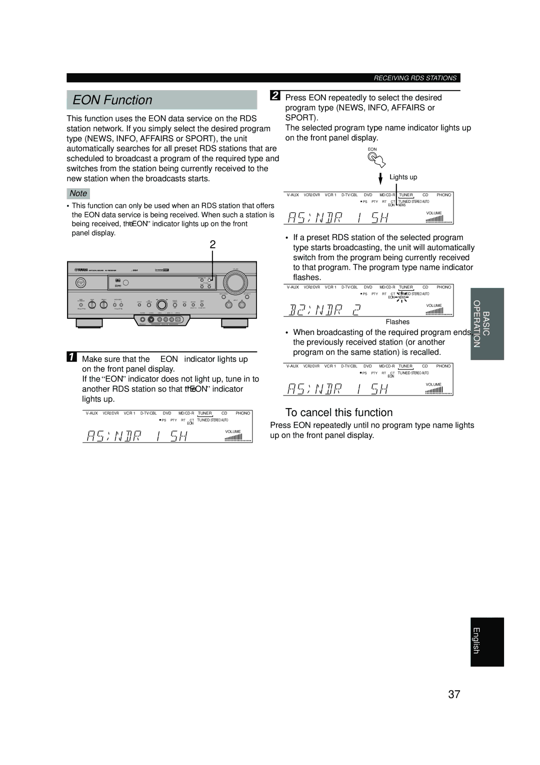 Yamaha RX-V620RDS owner manual EON Function, Flashes 