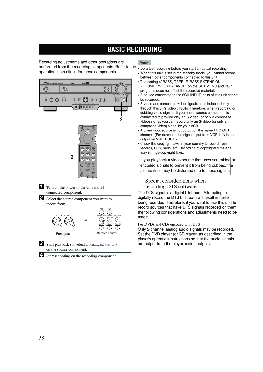 Yamaha RX-V620RDS Basic Recording, Special considerations when recording DTS software, For DVDs and CDs encoded with DTS 