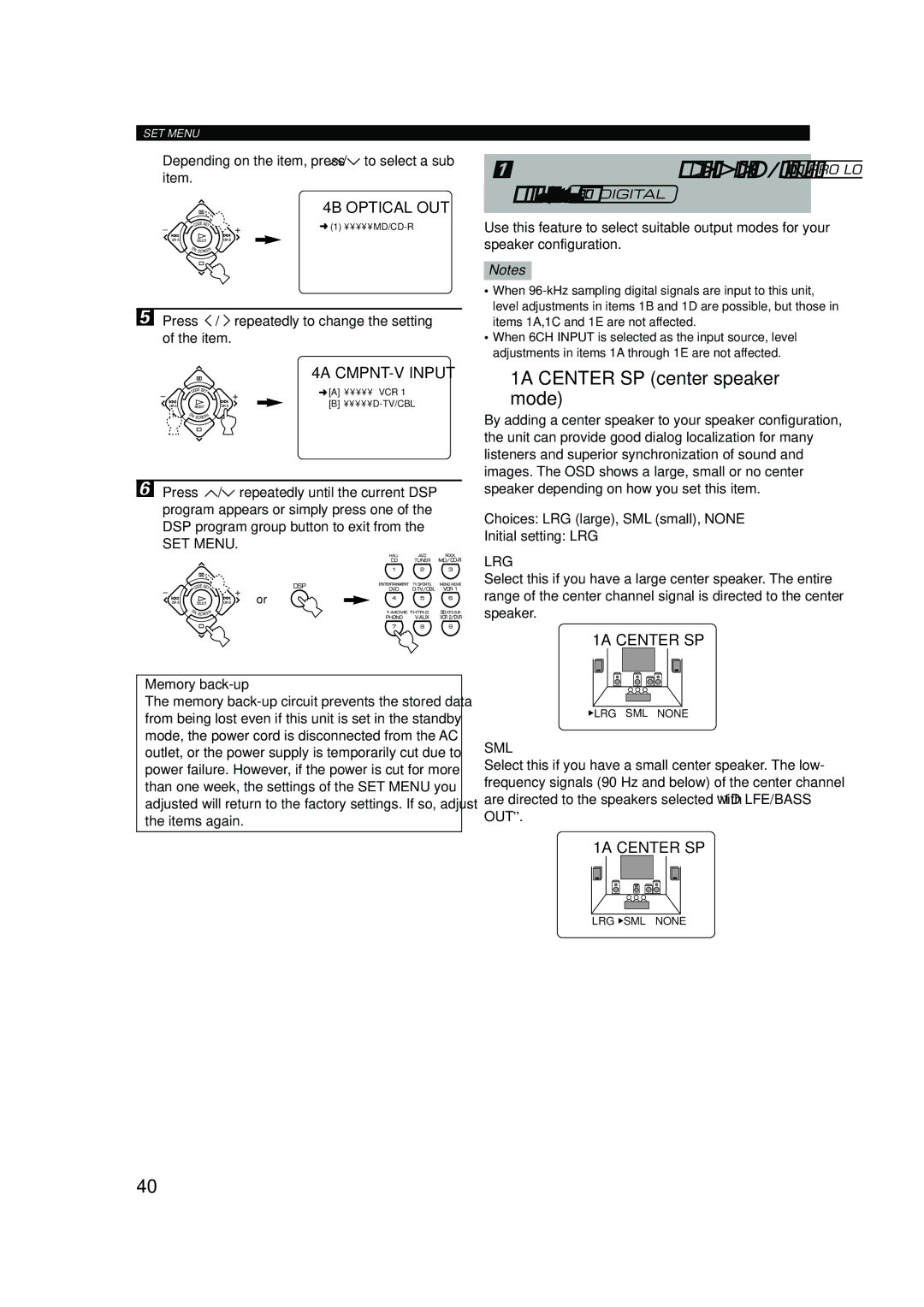 Yamaha RX-V620RDS owner manual Speaker SET speaker mode settings, 1A Center SP center speaker mode, SET Menu, Lrg, Sml 