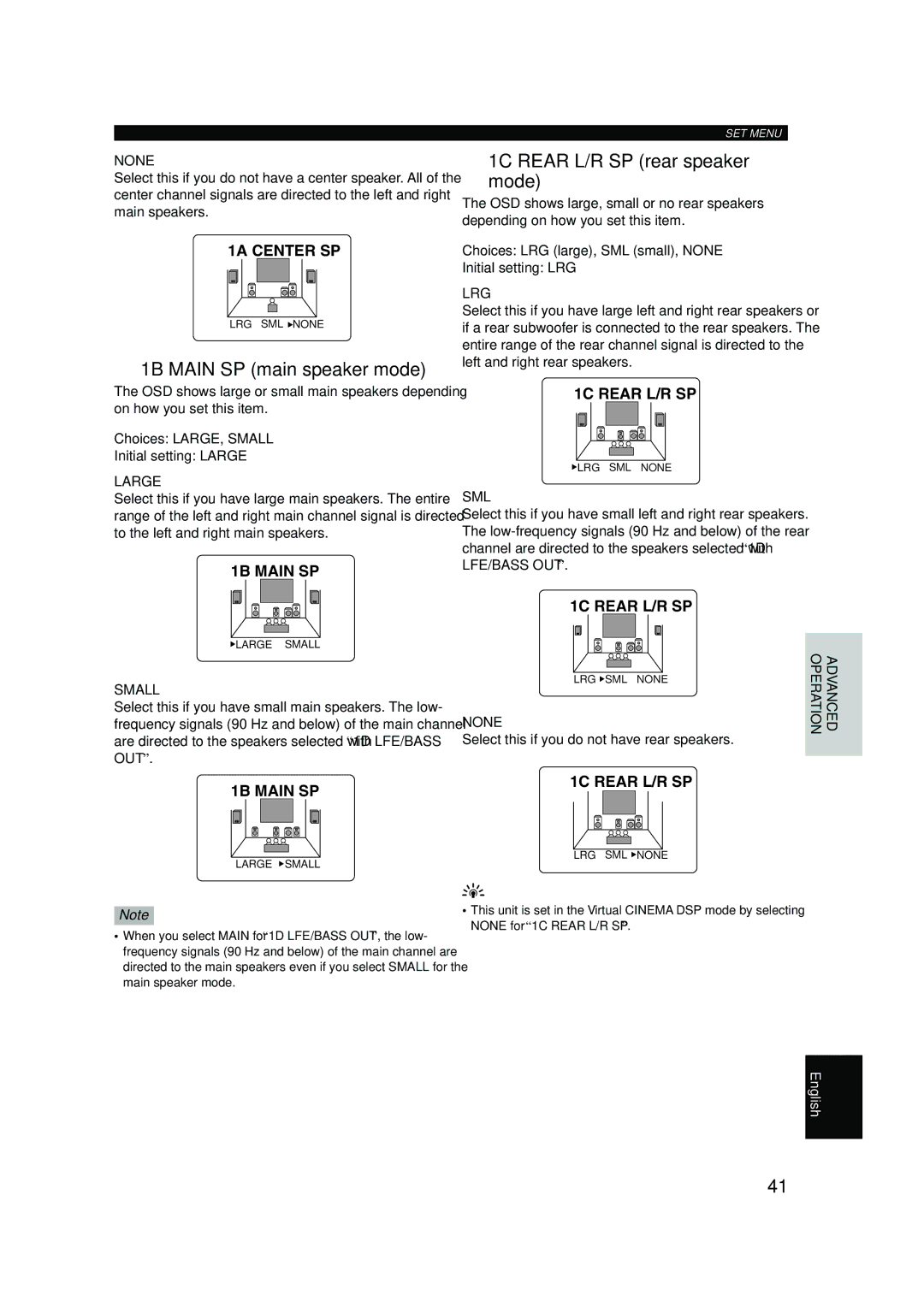 Yamaha RX-V620RDS owner manual 1B Main SP main speaker mode, 1C Rear L/R SP rear speaker mode, None, Large, Small 