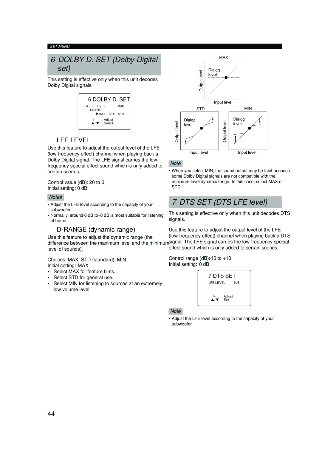 Yamaha RX-V620RDS owner manual Dolby D. SET Dolby Digital set, DTS SET DTS LFE level, Range dynamic range 