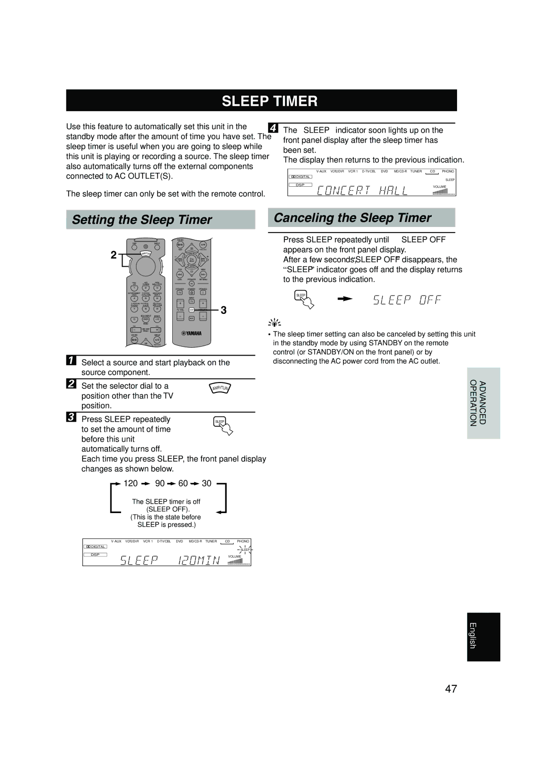 Yamaha RX-V620RDS owner manual Setting the Sleep Timer, Canceling the Sleep Timer 