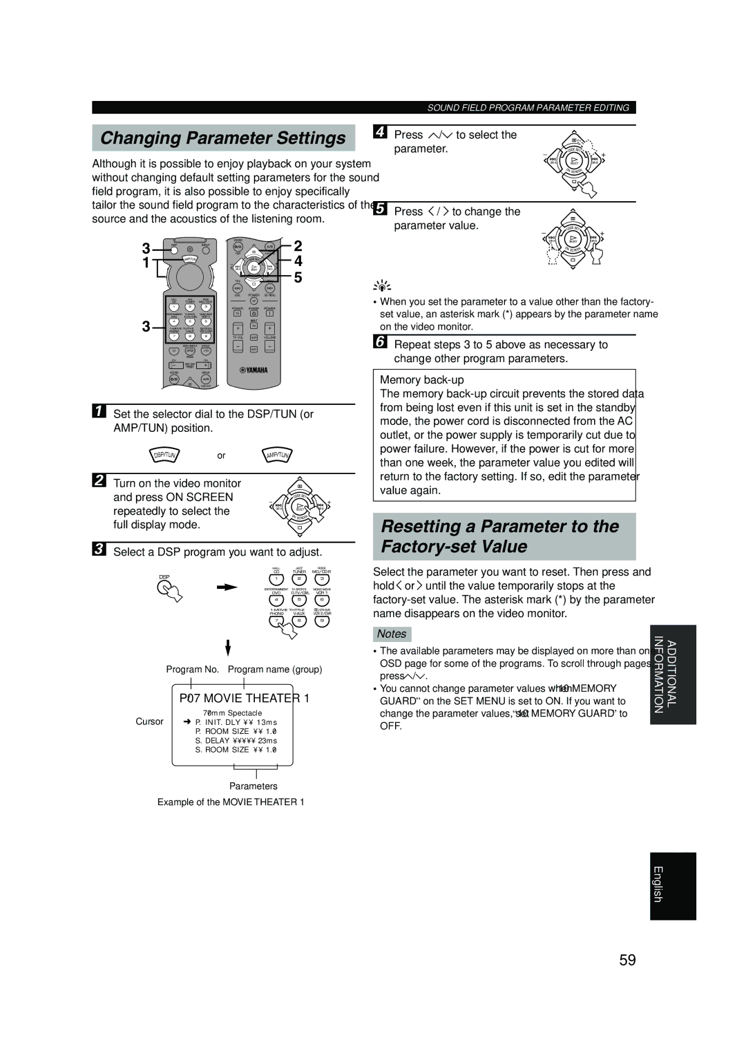 Yamaha RX-V620RDS Changing Parameter Settings, Resetting a Parameter to Factory-set Value, Program No. Program name group 