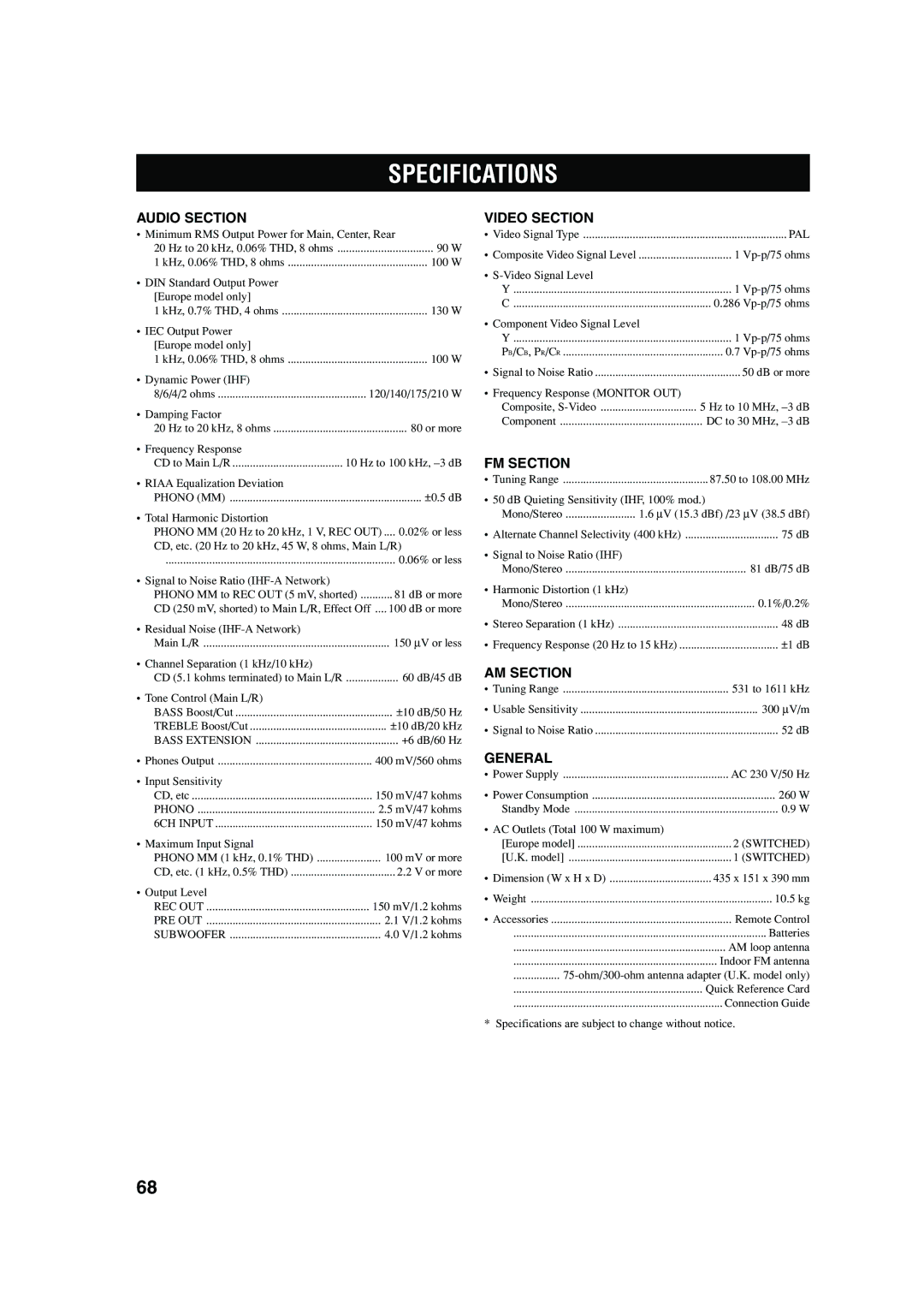 Yamaha RX-V620RDS owner manual Specifications 