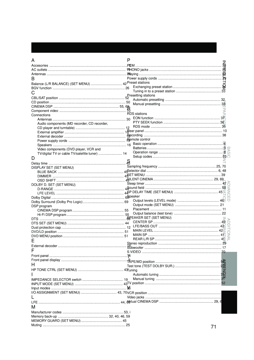 Yamaha RX-V620RDS owner manual Index, Dolby D. SET SET Menu 