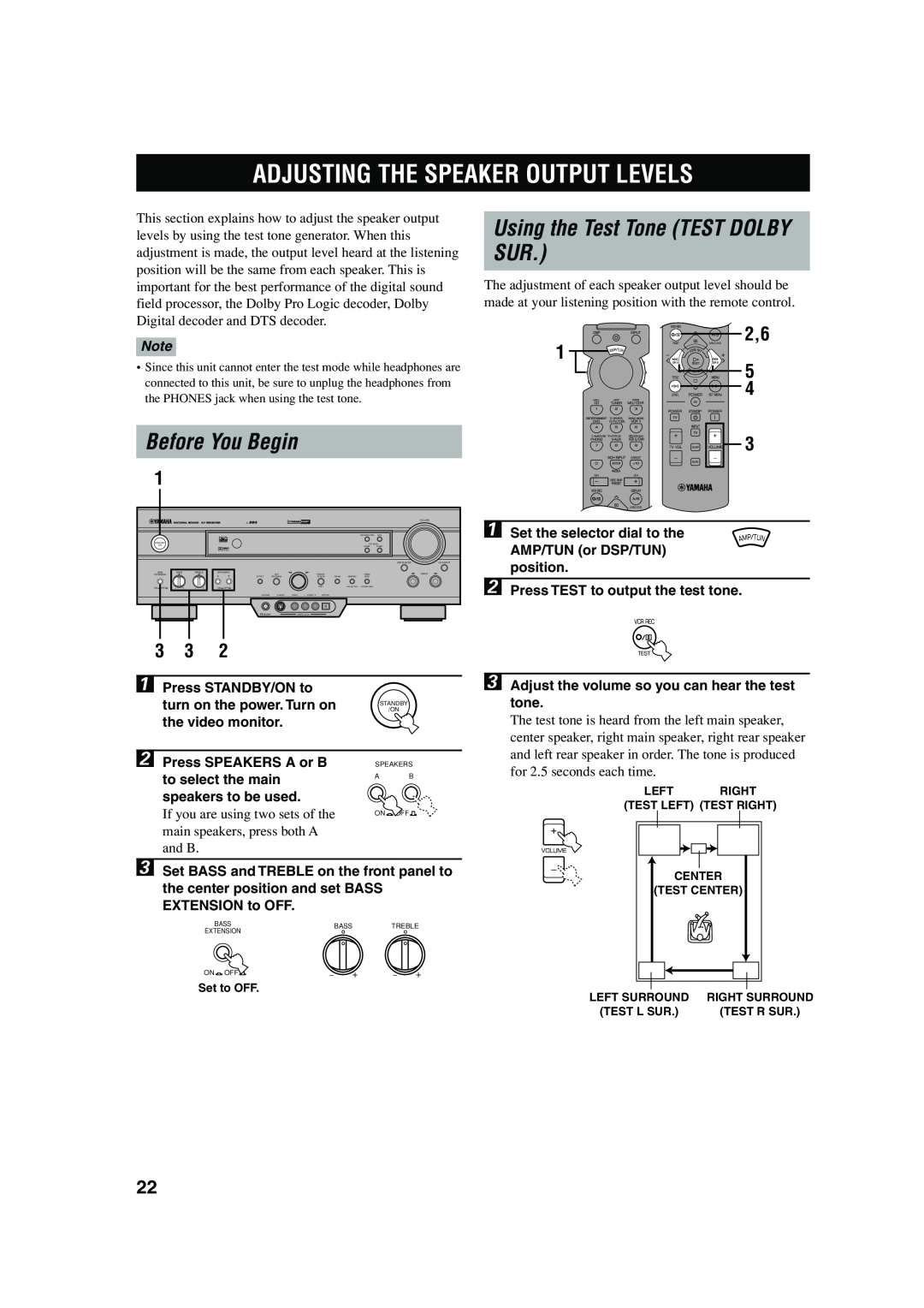 Yamaha RX-V620RDS owner manual Adjusting The Speaker Output Levels, Before You Begin, Using the Test Tone TEST DOLBY, 1 5 