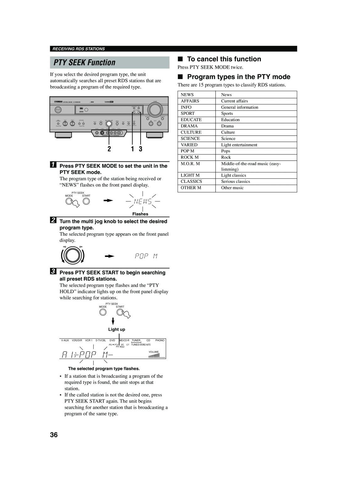 Yamaha RX-V620RDS owner manual PTY SEEK Function, To cancel this function, Program types in the PTY mode, PTY SEEK mode 