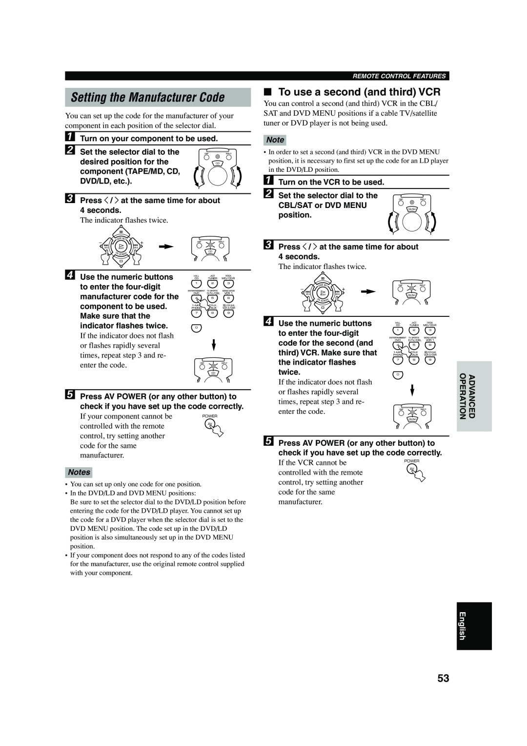 Yamaha RX-V620RDS Setting the Manufacturer Code, To use a second and third VCR, Turn on your component to be used, English 
