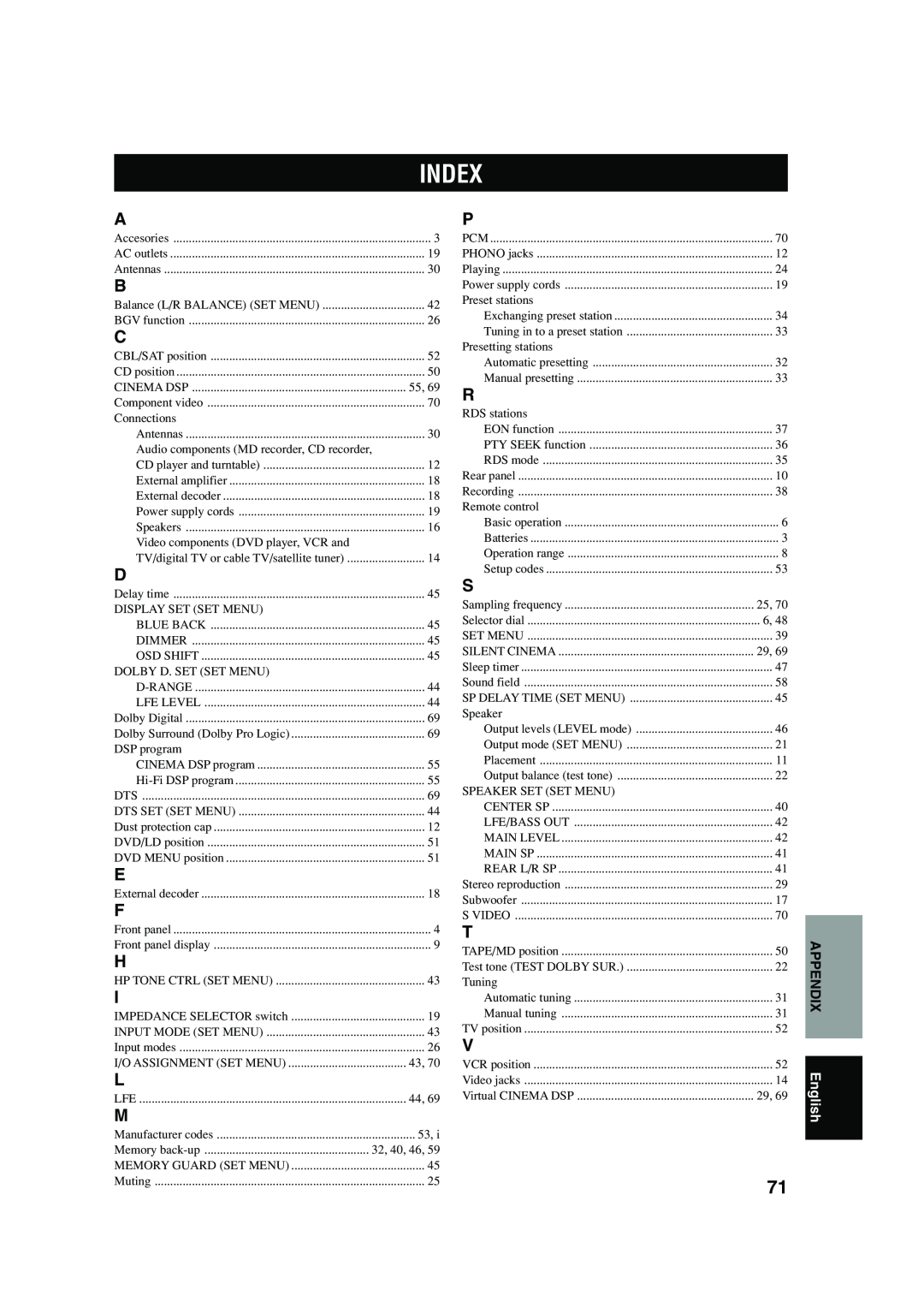 Yamaha RX-V620RDS owner manual Index 