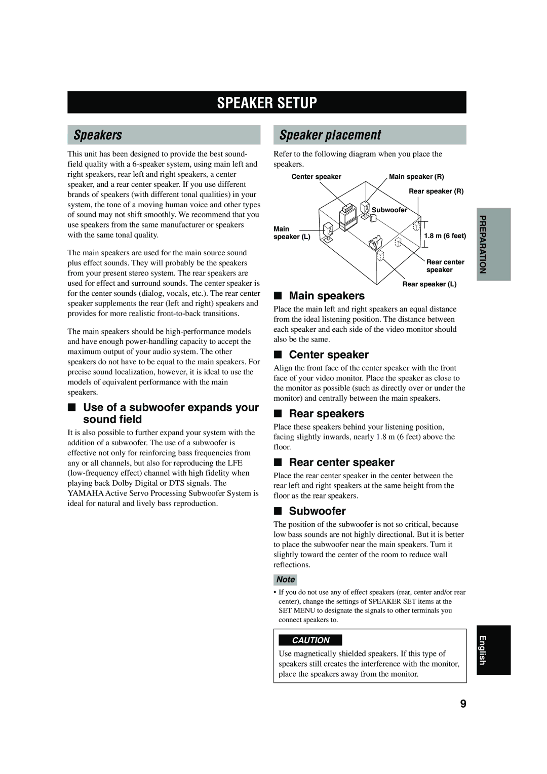 Yamaha RX-V630RDS owner manual Speaker Setup, Speakers, Speaker placement 