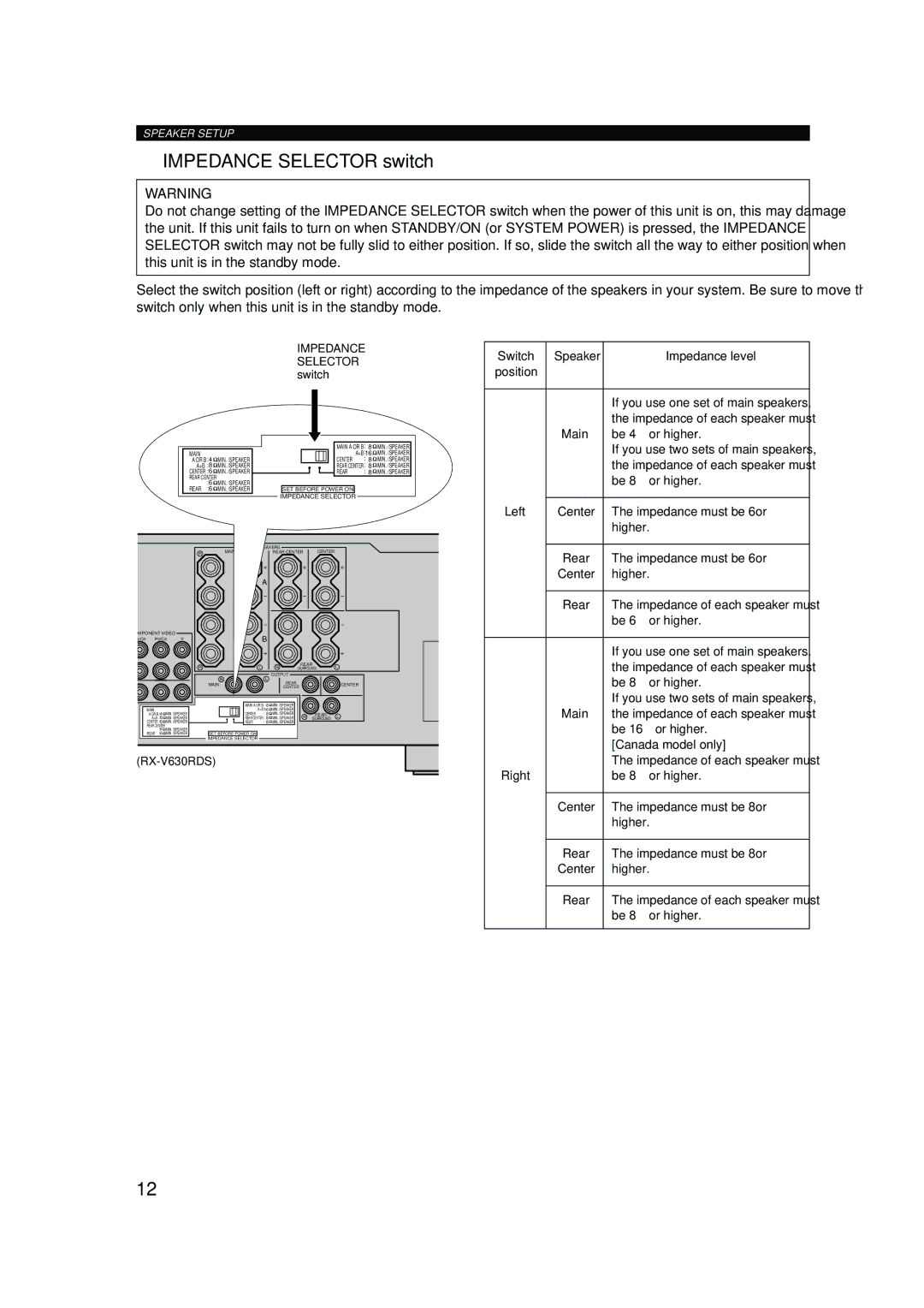 Yamaha RX-V630RDS owner manual Impedance Selector switch 