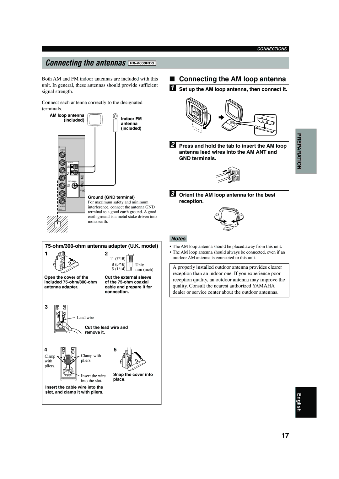 Yamaha Connecting the antennas RX-V630RDS, Connecting the AM loop antenna, Set up the AM loop antenna, then connect it 