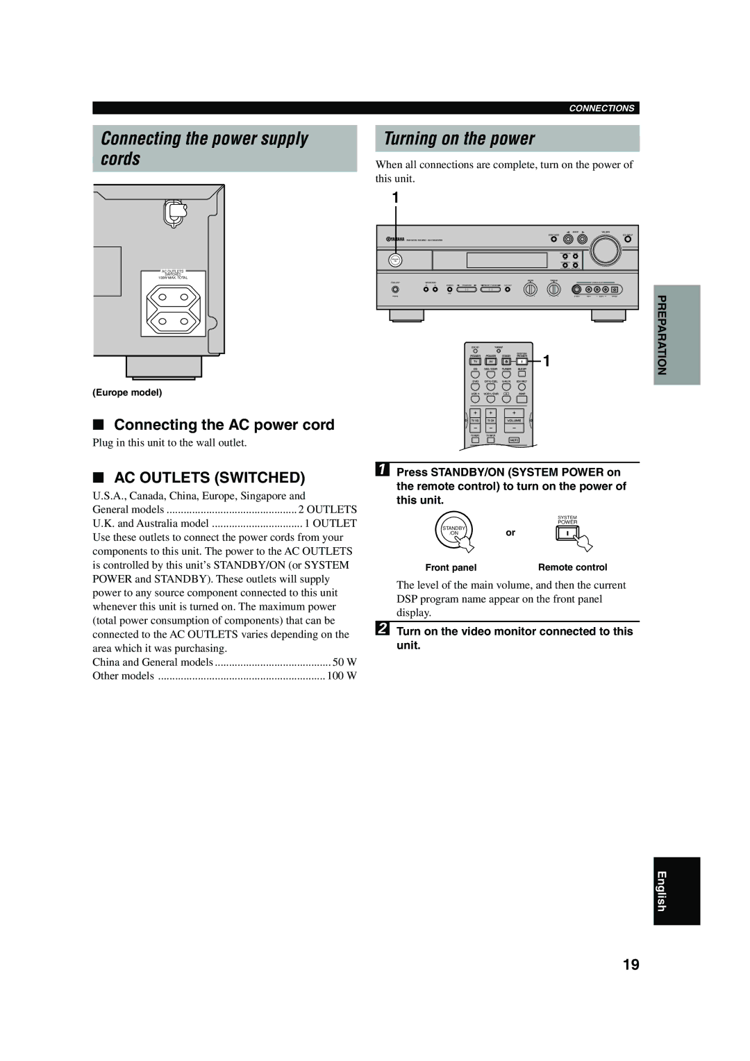 Yamaha RX-V630RDS owner manual Connecting the power supply Cords, Turning on the power, Connecting the AC power cord 