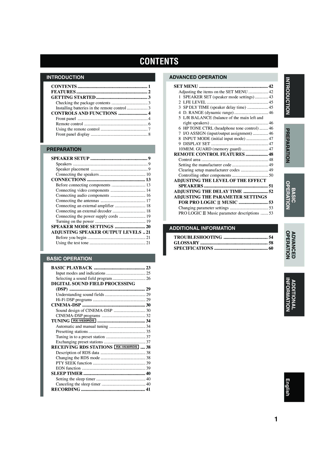 Yamaha RX-V630RDS owner manual Contents 