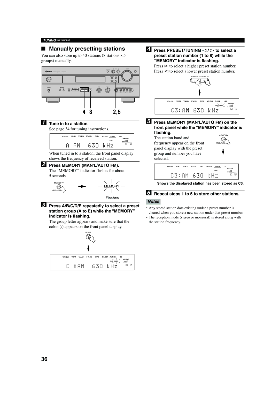 Yamaha RX-V630RDS owner manual Manually presetting stations, Tune in to a station, Press Memory MAN’L/AUTO FM 