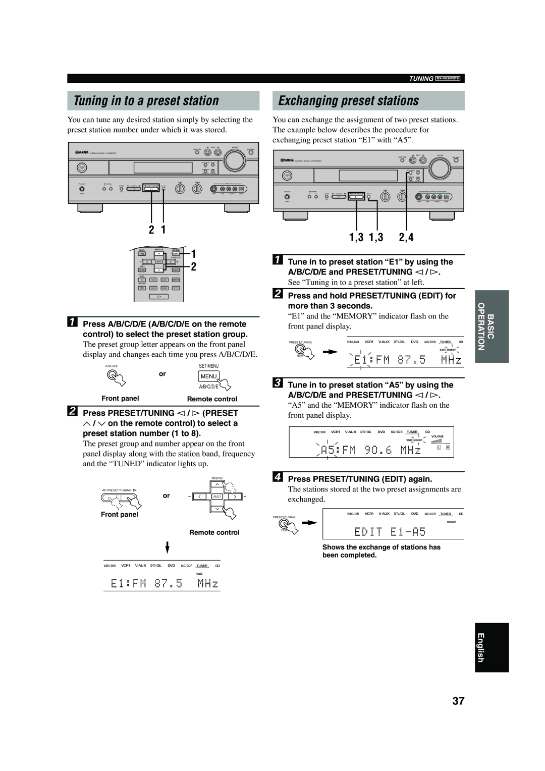Yamaha RX-V630RDS Tuning in to a preset station, Exchanging preset stations, 1,3 2,4, Press PRESET/TUNING Edit again 