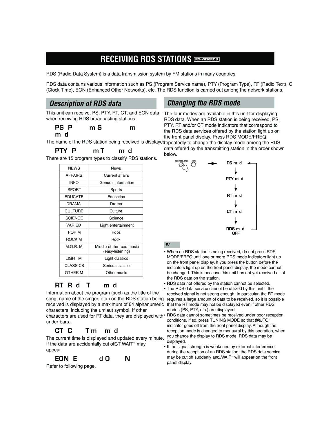 Yamaha RX-V630RDS owner manual Receiving RDS Stations, Description of RDS data, Changing the RDS mode 