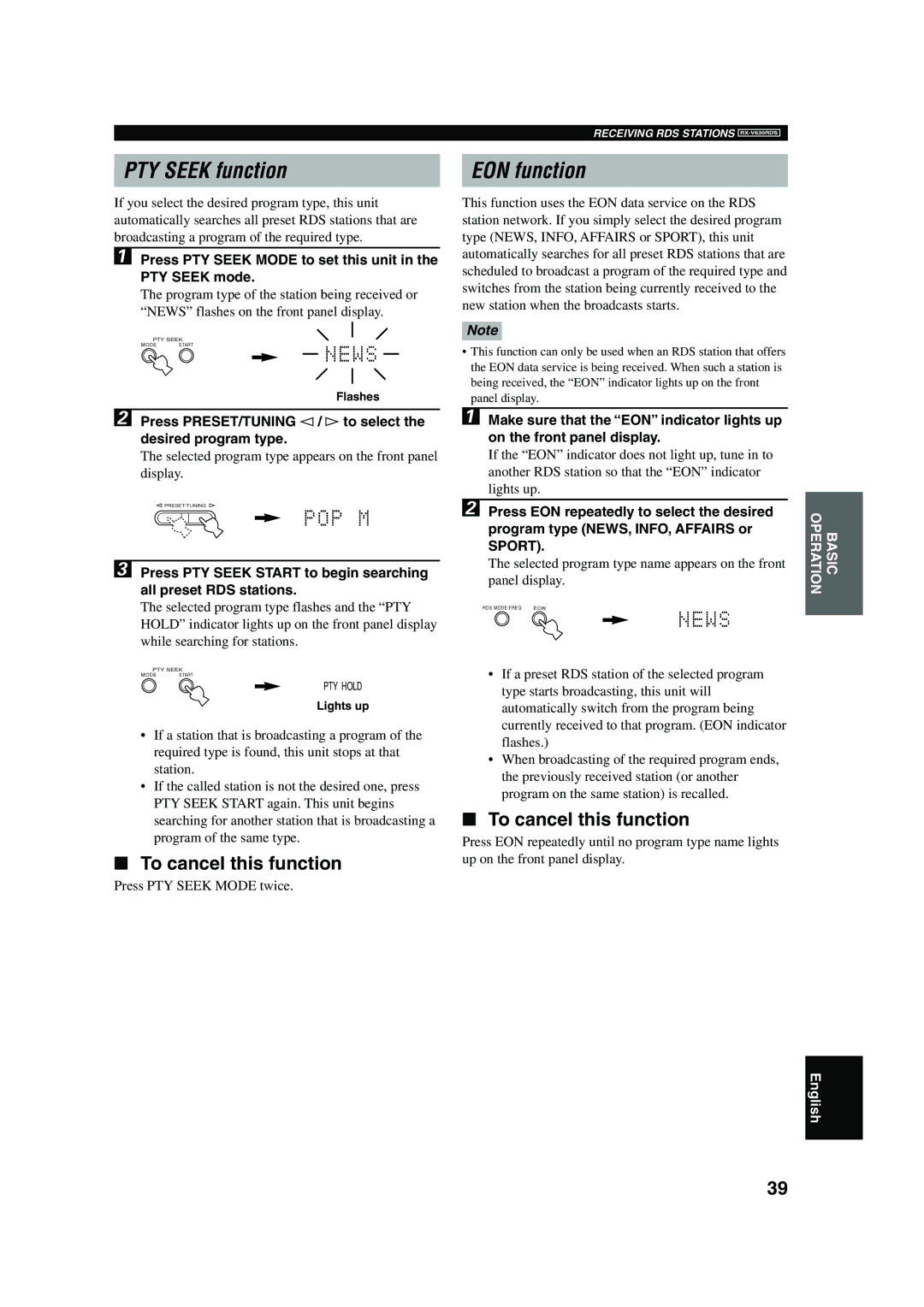 Yamaha RX-V630RDS owner manual PTY Seek function, EON function, To cancel this function 