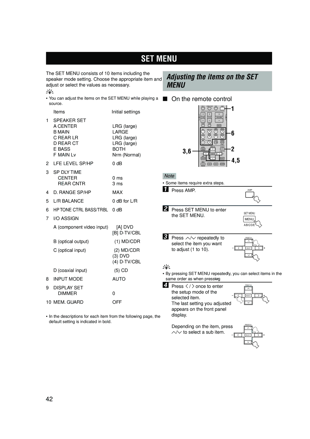 Yamaha RX-V630RDS owner manual SET Menu, Adjusting the items on the SET, On the remote control 