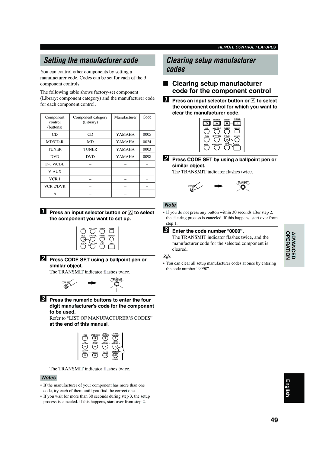 Yamaha RX-V630RDS owner manual Setting the manufacturer code, Clearing setup manufacturer Codes 