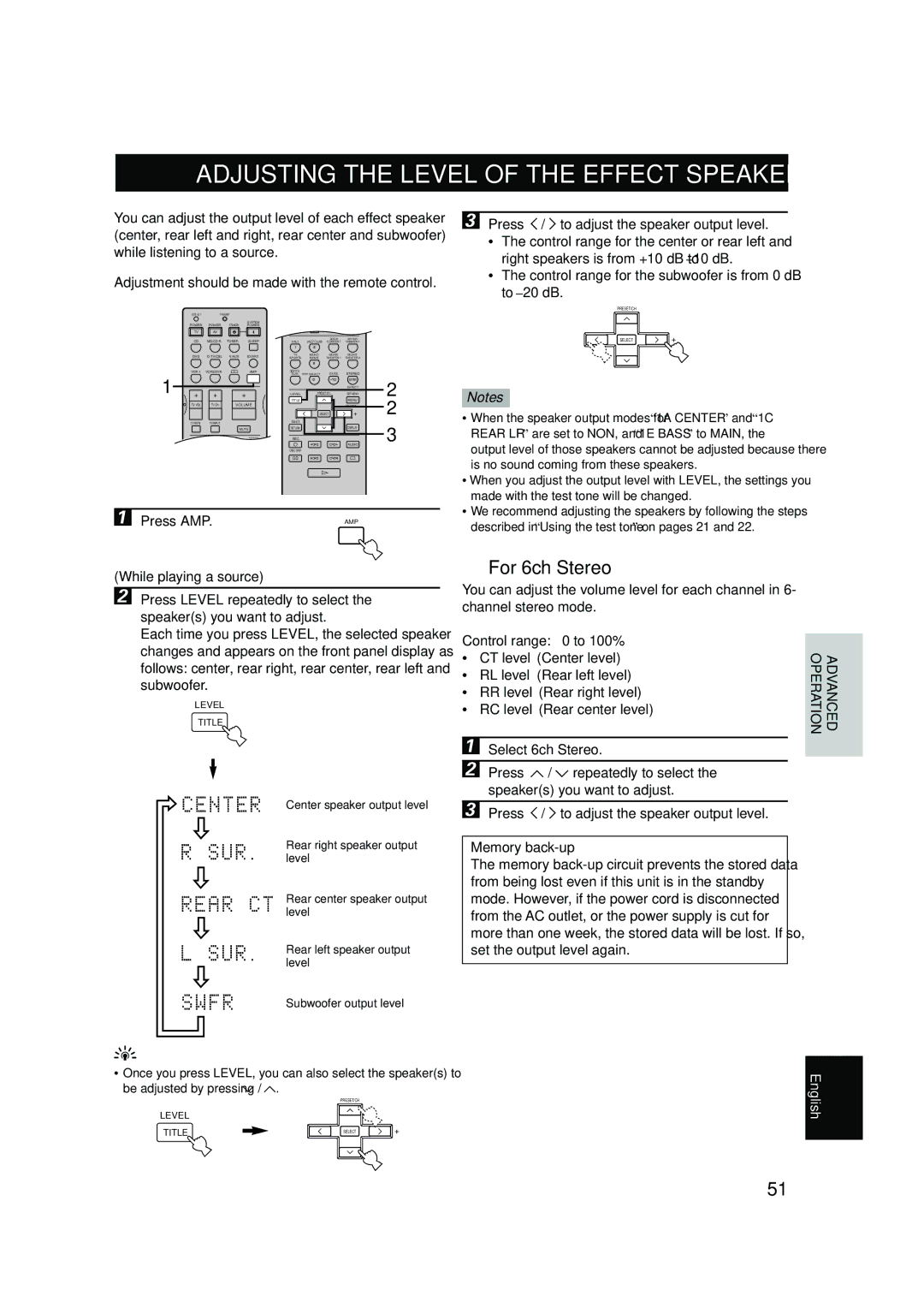 Yamaha RX-V630RDS owner manual Adjusting the Level of the Effect Speakers, For 6ch Stereo, Subwoofer output level 