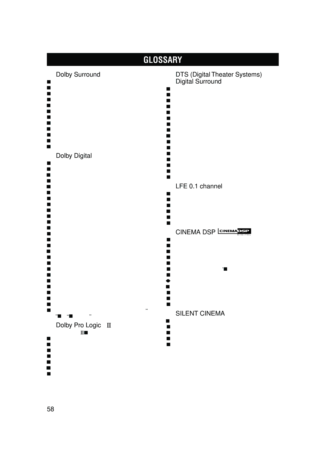 Yamaha RX-V630RDS Glossary, Dolby Surround, Dolby Digital, DTS Digital Theater Systems Digital Surround, LFE 0.1 channel 