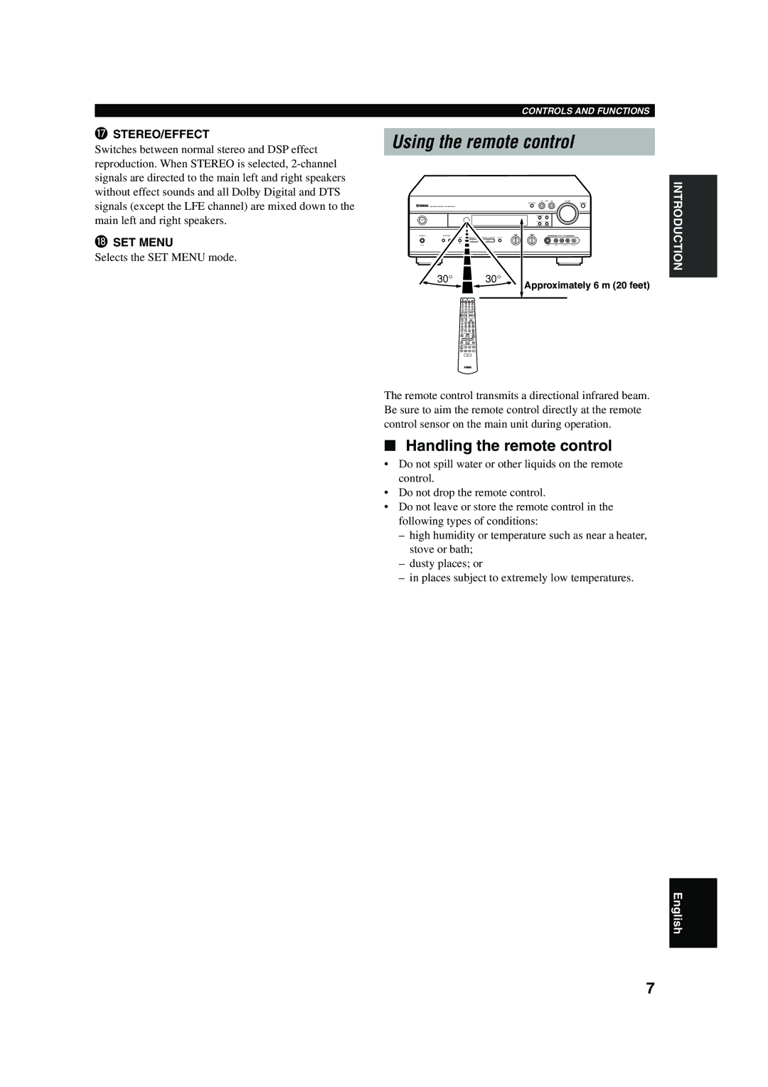 Yamaha RX-V630RDS owner manual Using the remote control, Handling the remote control, Stereo/Effect, SET Menu 