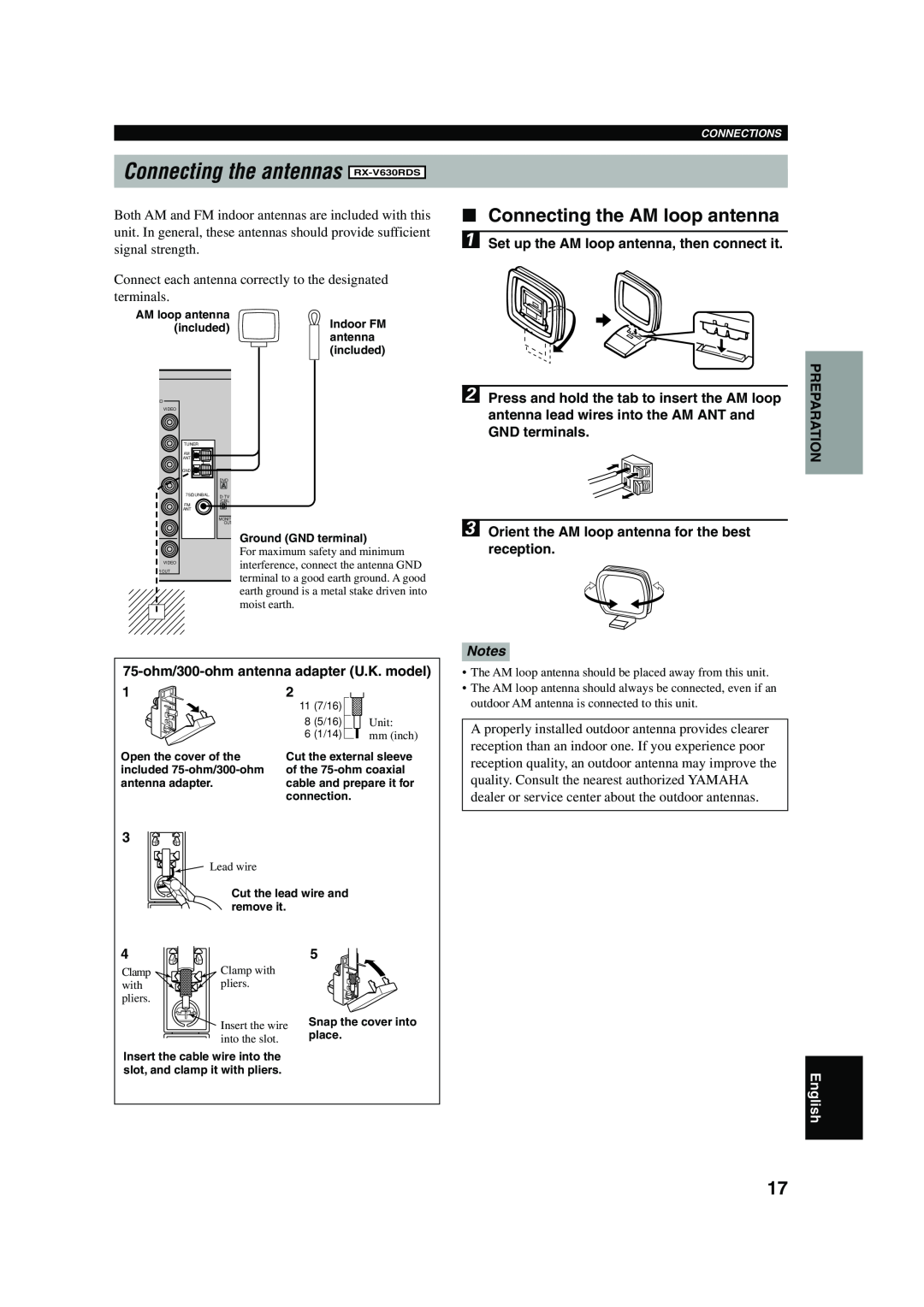 Yamaha owner manual Connecting the antennas RX-V630RDS, Connecting the AM loop antenna, English 