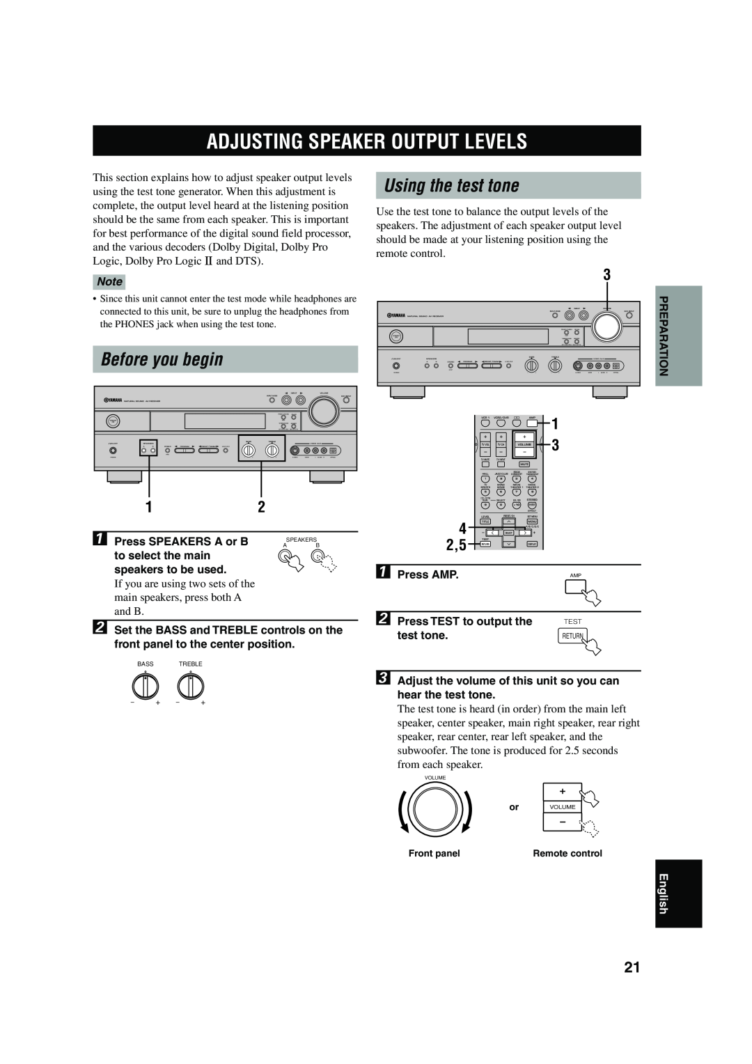 Yamaha RX-V630RDS owner manual Adjusting Speaker Output Levels, Before you begin, Using the test tone, English 