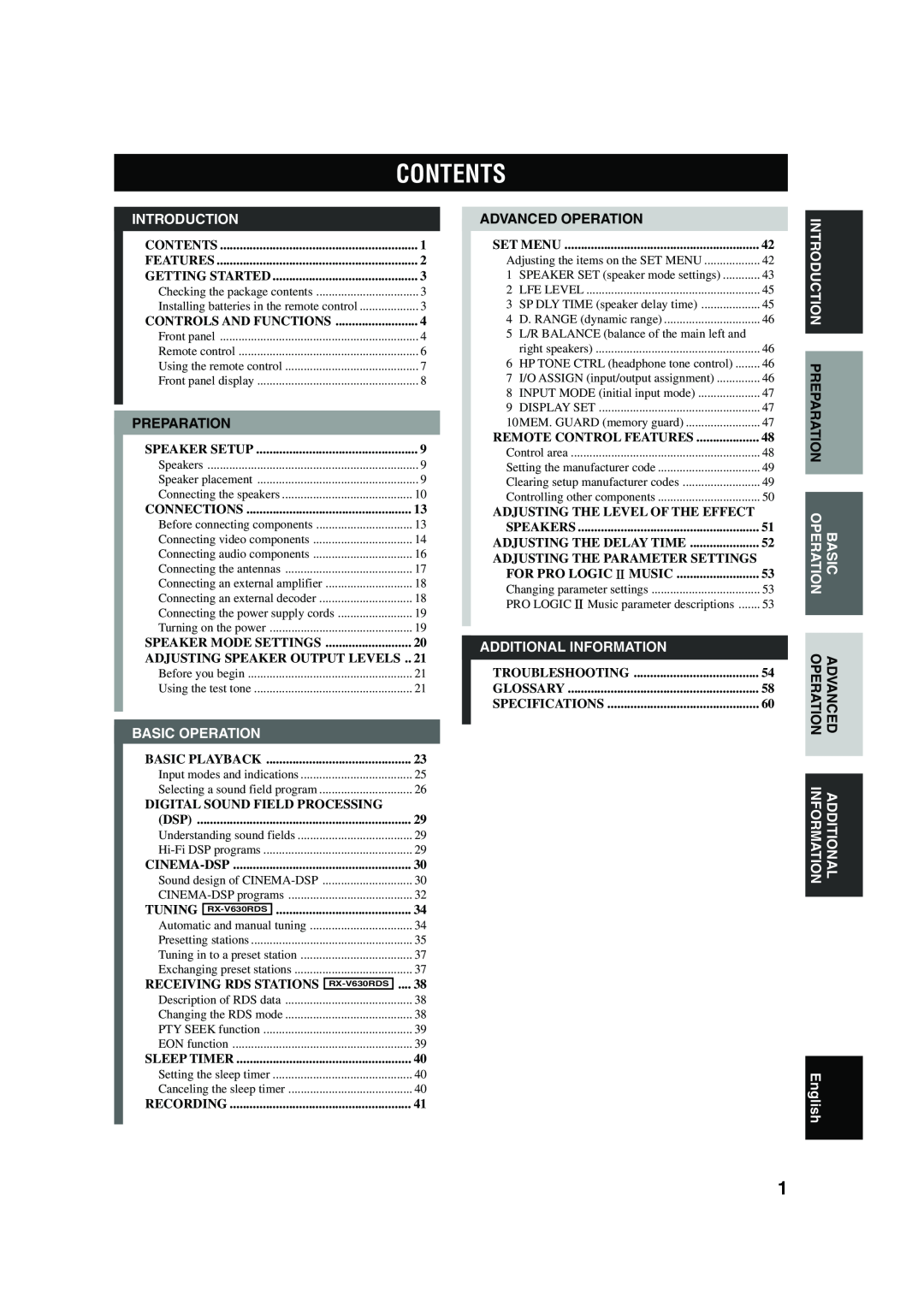 Yamaha RX-V630RDS owner manual Contents, Introduction, Additional Information, Basic Operation, English 