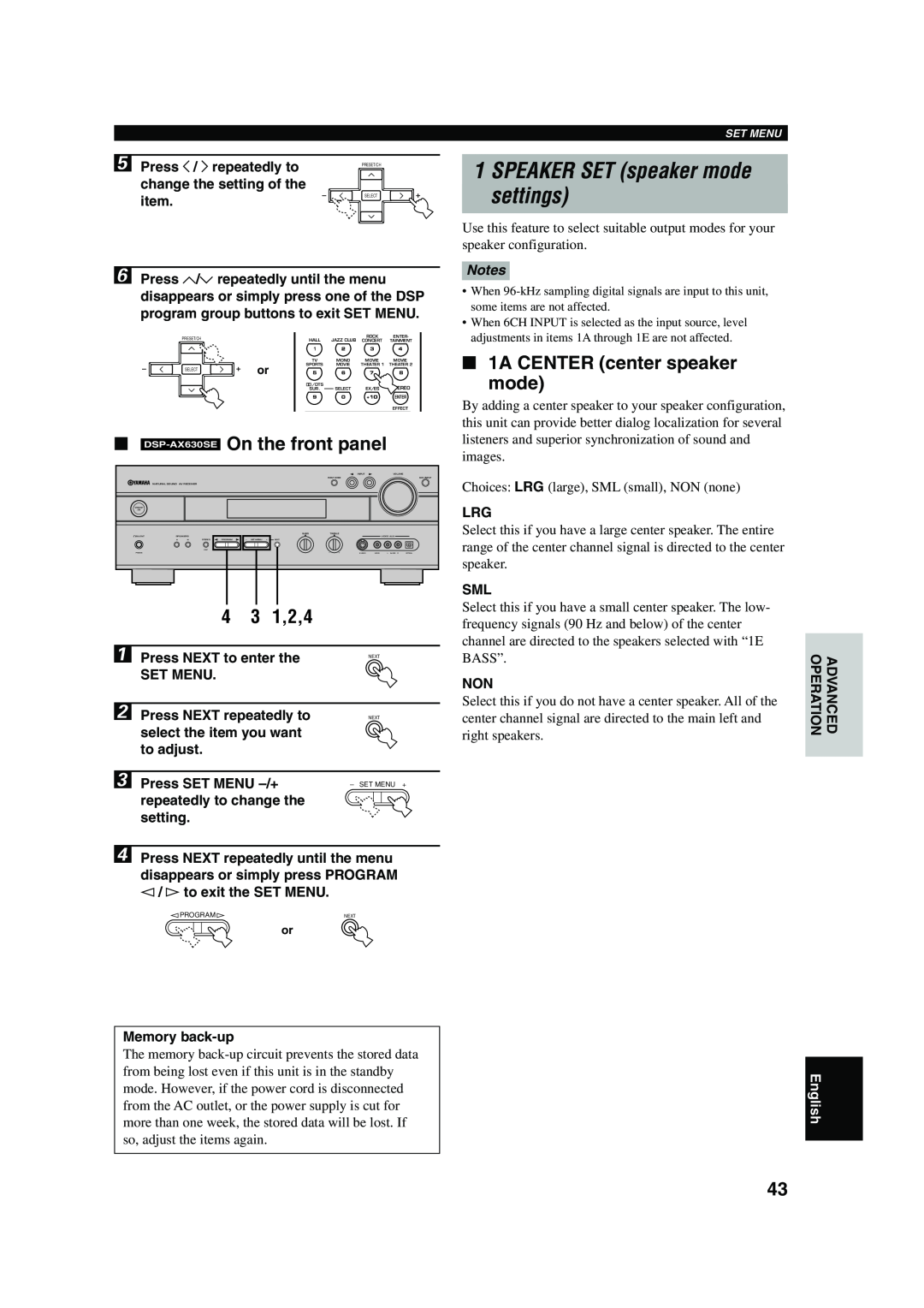 Yamaha RX-V630RDS 1SPEAKER SET speaker mode settings, On the front panel, 1,2,4, 1A CENTER center speaker mode, Notes 