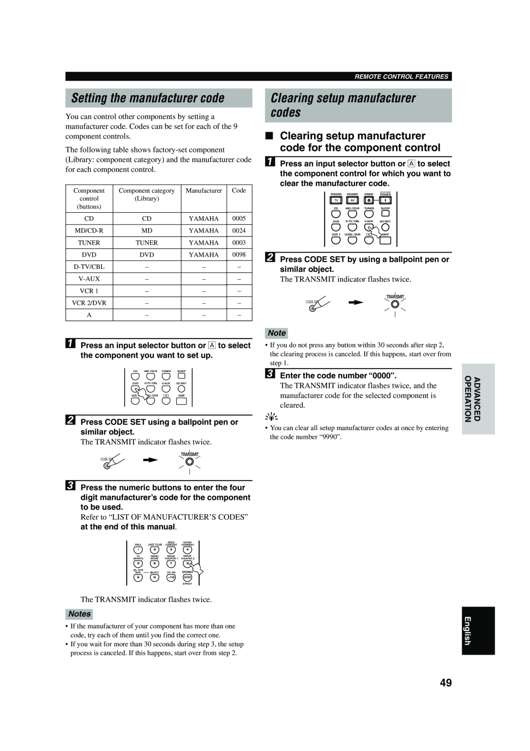 Yamaha RX-V630RDS owner manual Setting the manufacturer code, Clearing setup manufacturer codes, Notes, English 