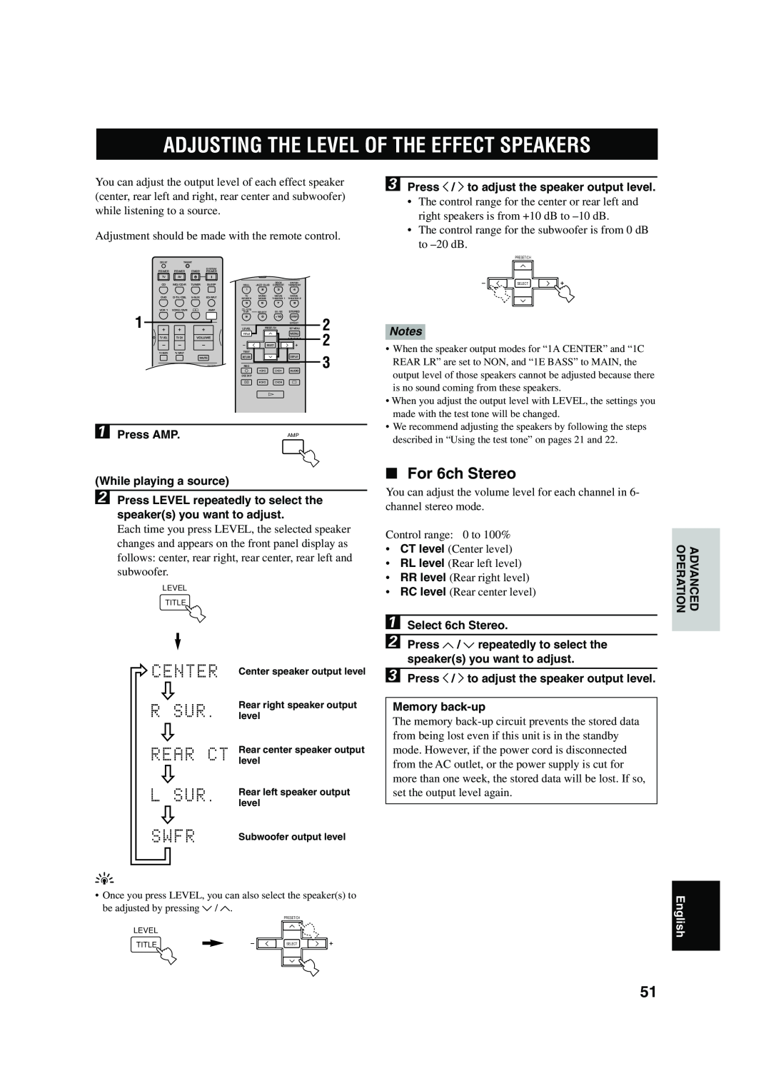 Yamaha RX-V630RDS owner manual Adjusting The Level Of The Effect Speakers, For 6ch Stereo, Notes, English 