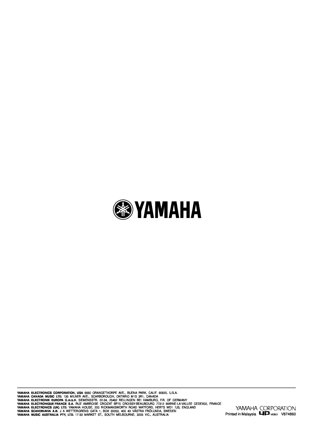 Yamaha RX-V630RDS owner manual Printed in Malaysia, V874860 