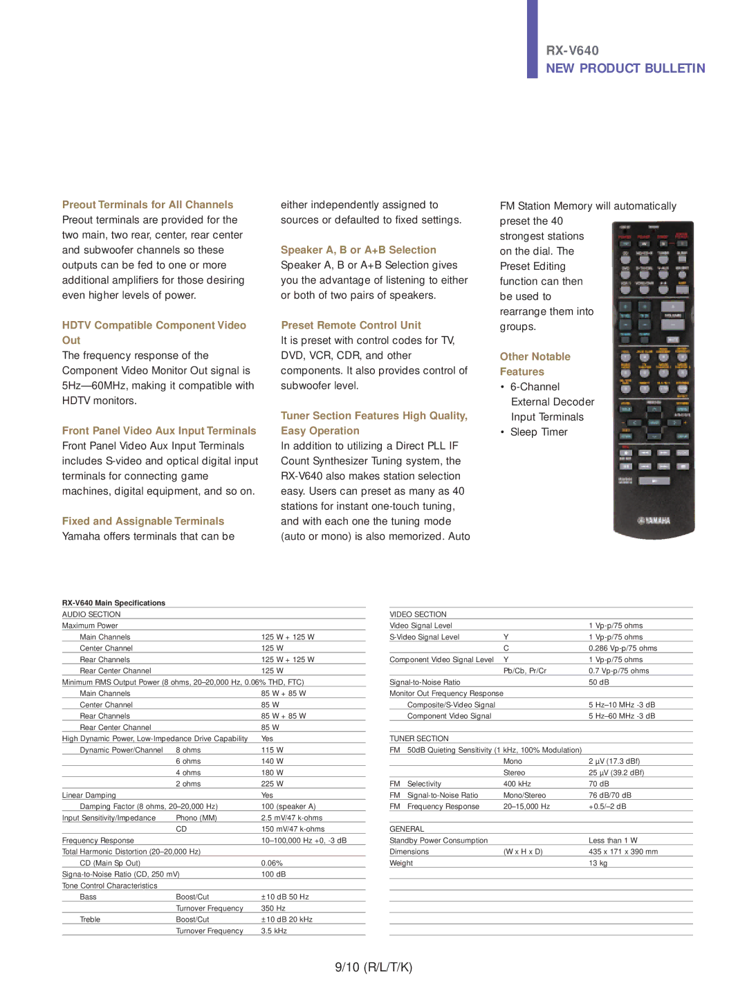 Yamaha RX-V640 Preout Terminals for All Channels, Hdtv Compatible Component Video Out, Fixed and Assignable Terminals 