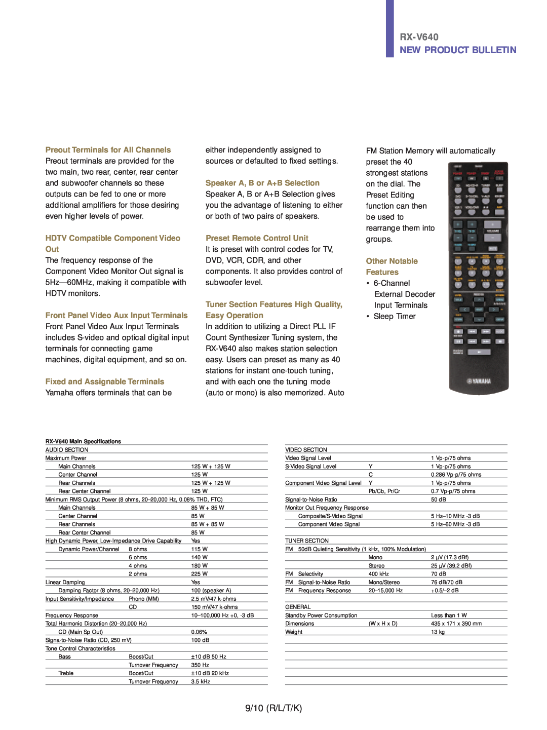 Yamaha RX-V640 9/10 R/L/T/K, New Product Bulletin, Preout Terminals for All Channels, HDTV Compatible Component Video Out 