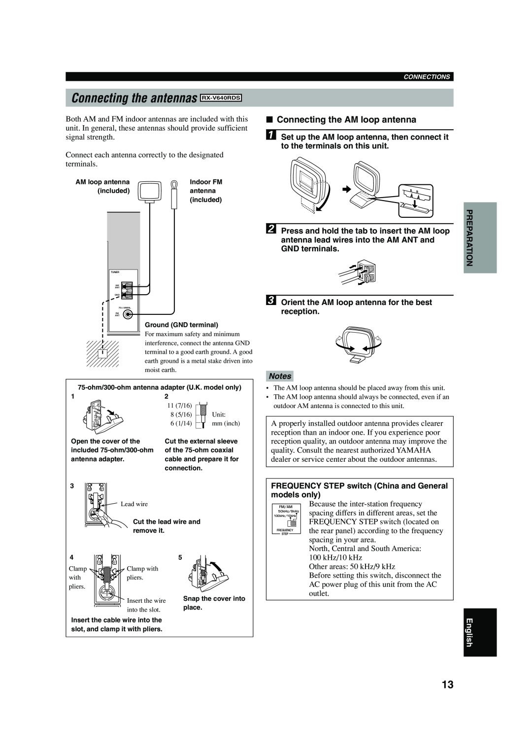 Yamaha owner manual Connecting the antennas RX-V640RDS, Connecting the AM loop antenna, Notes, English 