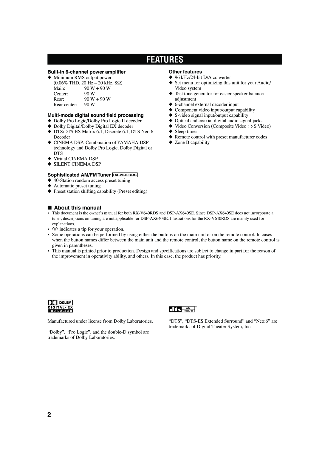 Yamaha RX-V640RDS owner manual Features, About this manual 