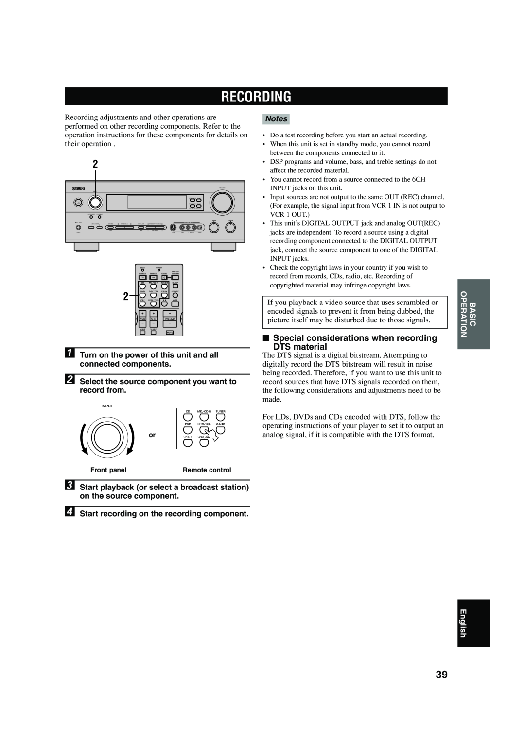 Yamaha RX-V640RDS owner manual Recording, Special considerations when recording, DTS material, Notes, English 