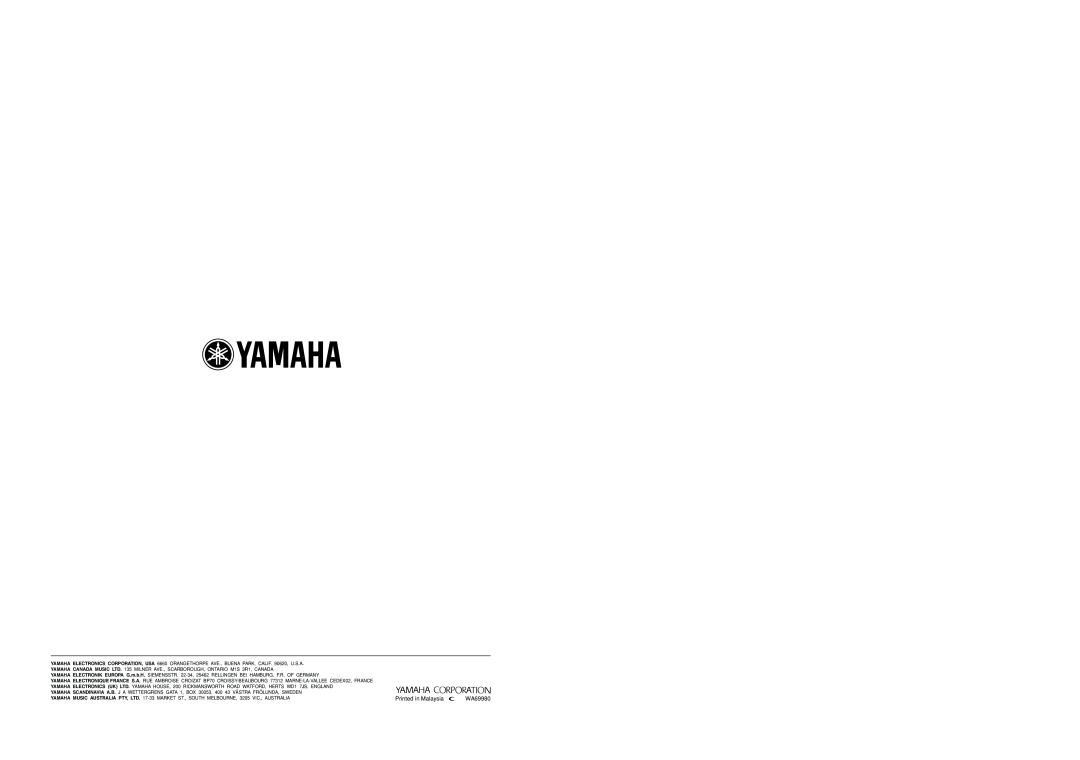 Yamaha RX-V640RDS owner manual Printed in Malaysia, WA69980 