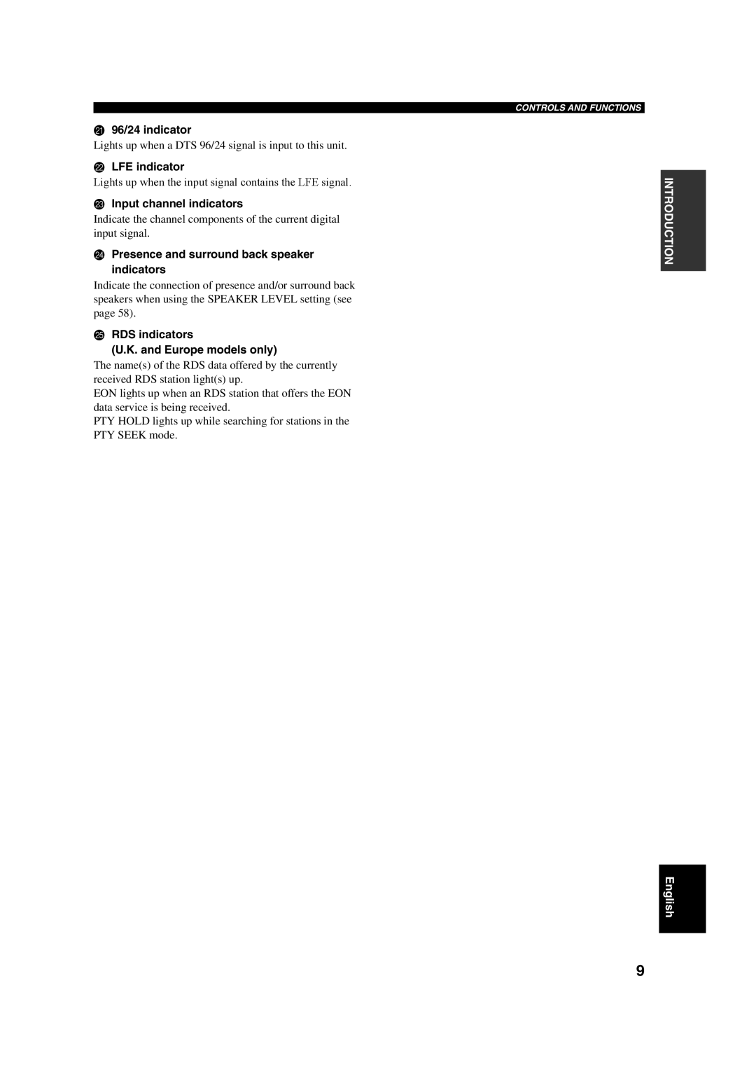 Yamaha RX-V650 96/24 indicator, LFE indicator, Input channel indicators, Presence and surround back speaker indicators 